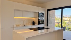 Una cocina moderna con armarios blancos, una placa de inducción negra y un amplio ventanal con vistas al exterior.
