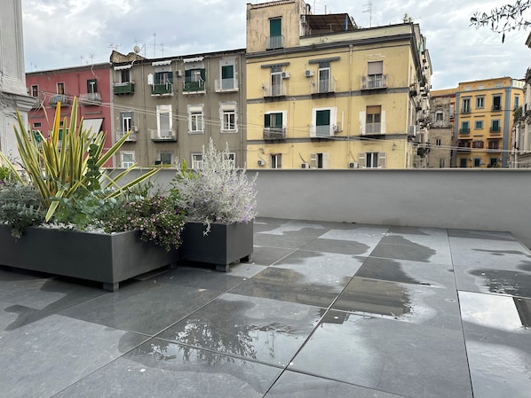 A rooftop terrace with tiled flooring and two rectangular planters with various plants. - TERRAZZA CARBONARA B&B  (Naples)