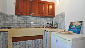Mini-fridge, stovetop, cookware/dishes/utensils
