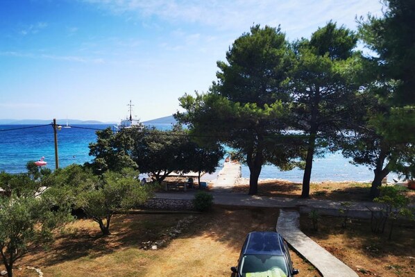 A coastal view with a parked car, trees, and a distant ship.