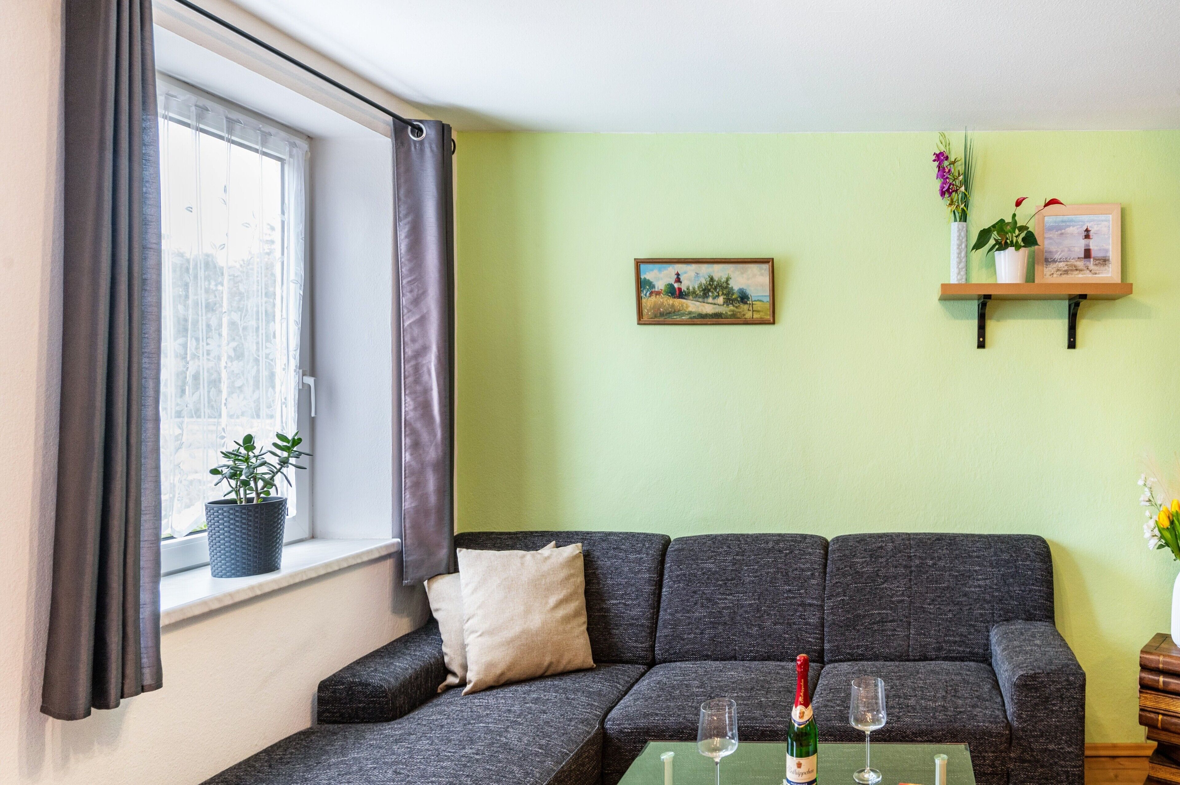 A living room with a sofa, a window with curtains, a small table with a bottle and glass, and a wall-mounted shelf with plants and a picture.