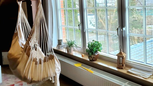 Een kamer met een hangmat, potplanten en een radiator naast grote ramen.