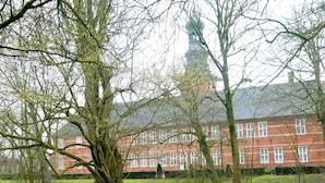 Een groot gebouw met veel ramen en een opvallende toren, omgeven door bomen en een veld paarse bloemen.