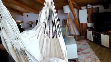 Fernseher, Tischtennisplatte, Stereoanlage