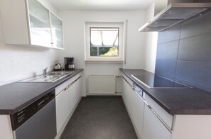 Fridge, microwave, stovetop, dishwasher - Baßler Schlossblick Apartment with Private Terrace, Balcony and Wi-Fi (Kappelrodeck)