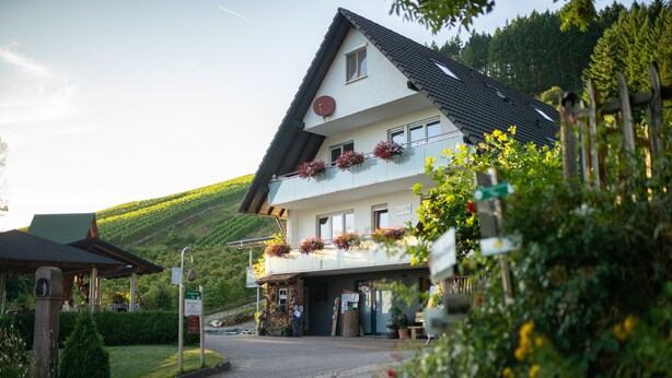 A two-story building with a sloped roof, a balcony with flower boxes, and a signboard in front. - Baßler Schlossblick Apartment with Private Terrace, Balcony and Wi-Fi (Kappelrodeck)