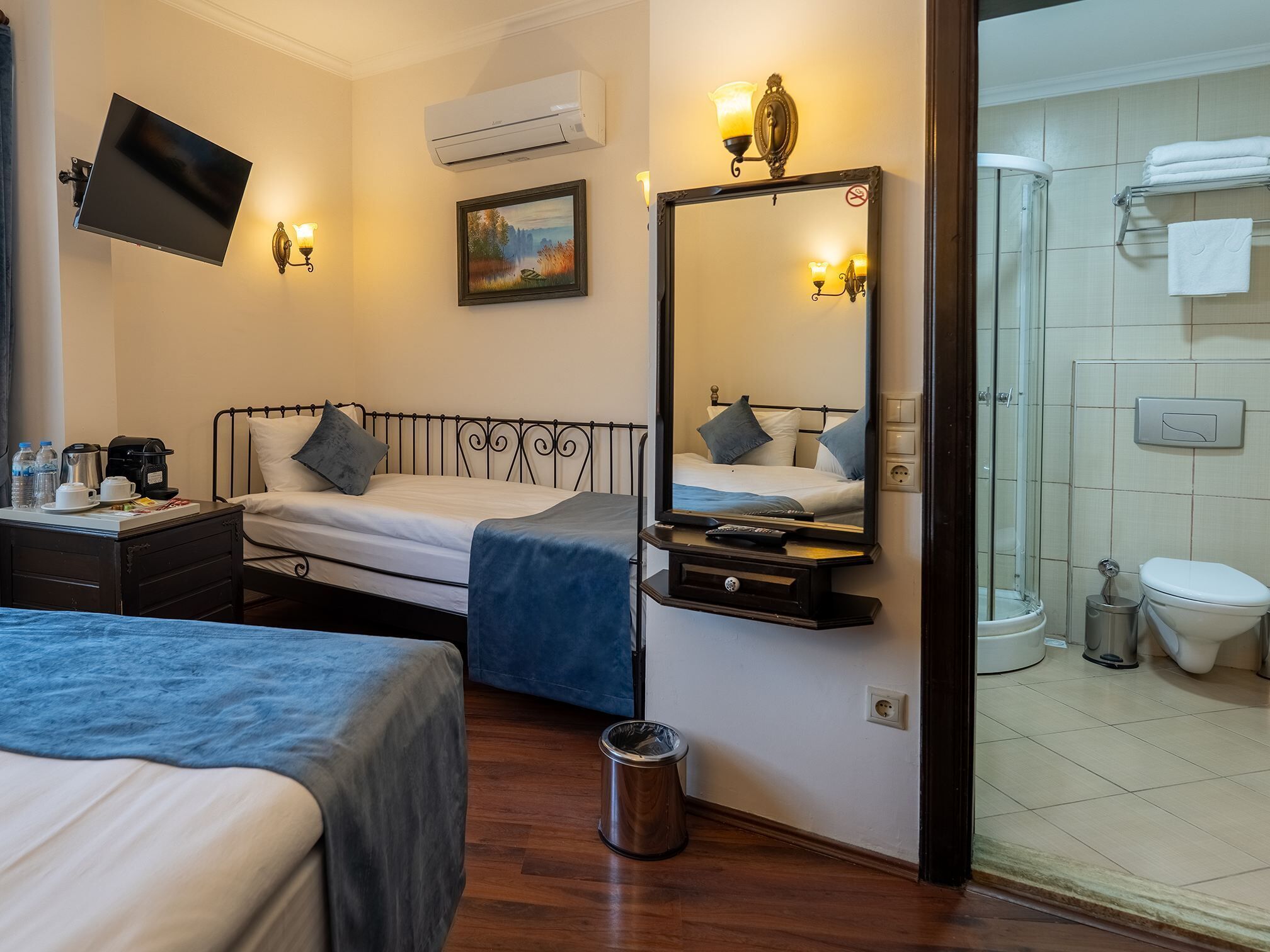 Habitación de hotel con cama, mesita de noche, televisor, aire acondicionado y baño con inodoro y ducha.