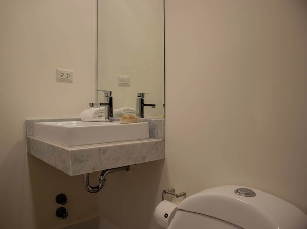 A bathroom with a white sink, a mirror, and a toilet.