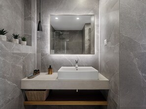 Hair dryer, towels, soap, shampoo