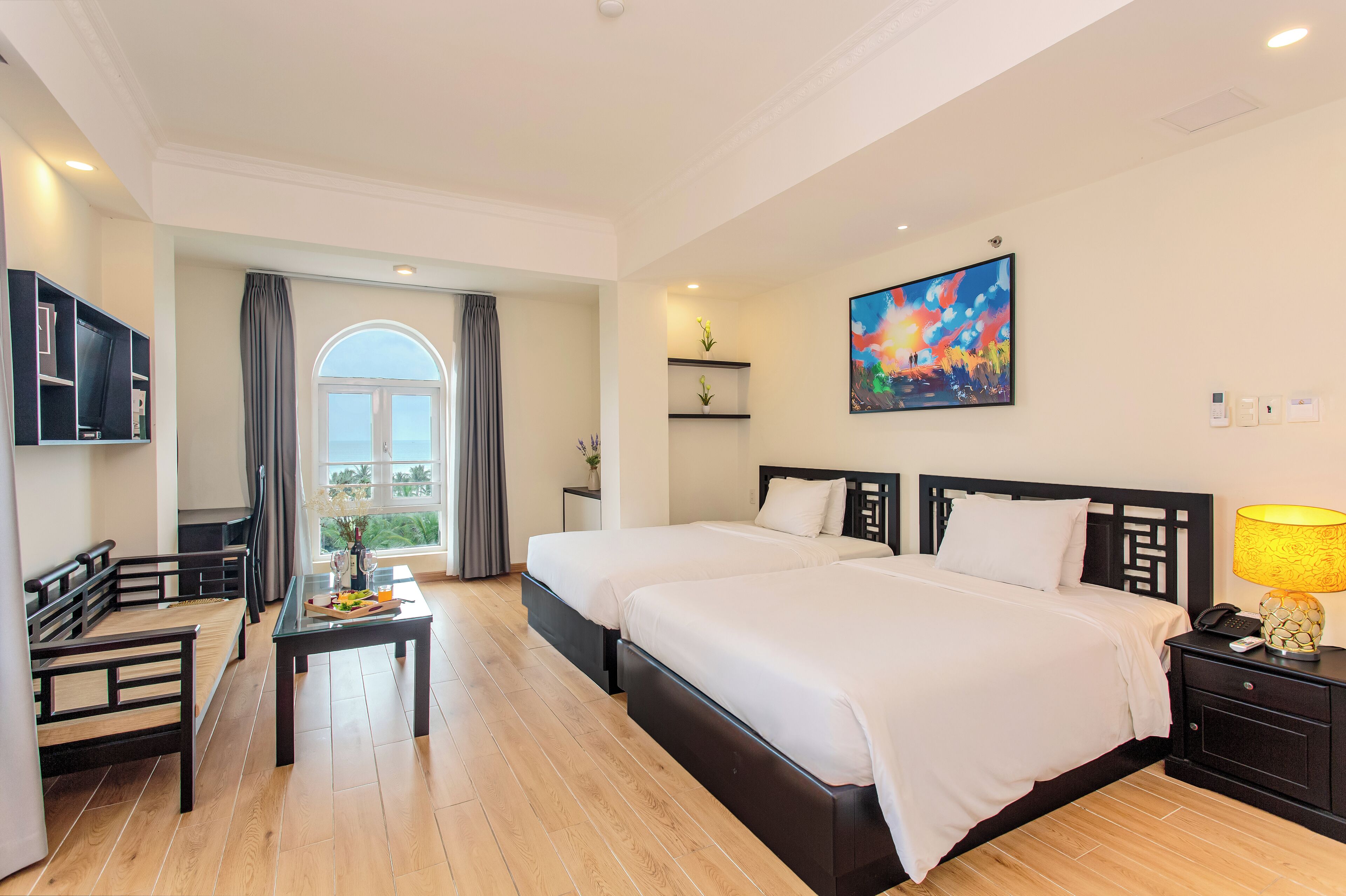 In-room safe, desk, laptop workspace, blackout curtains