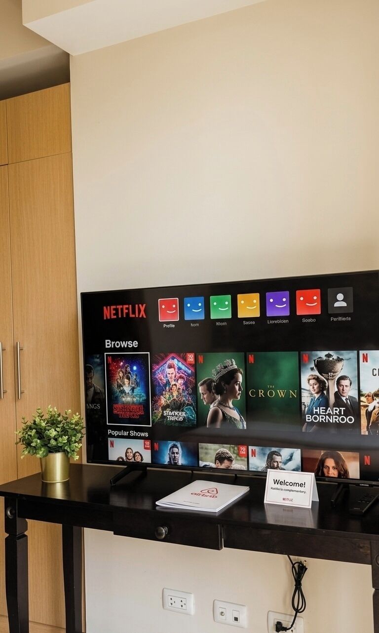 Schermo Netflix fissato al muro che mostra diverse serie TV e un cartello con la scritta 'Benvenuti!'.