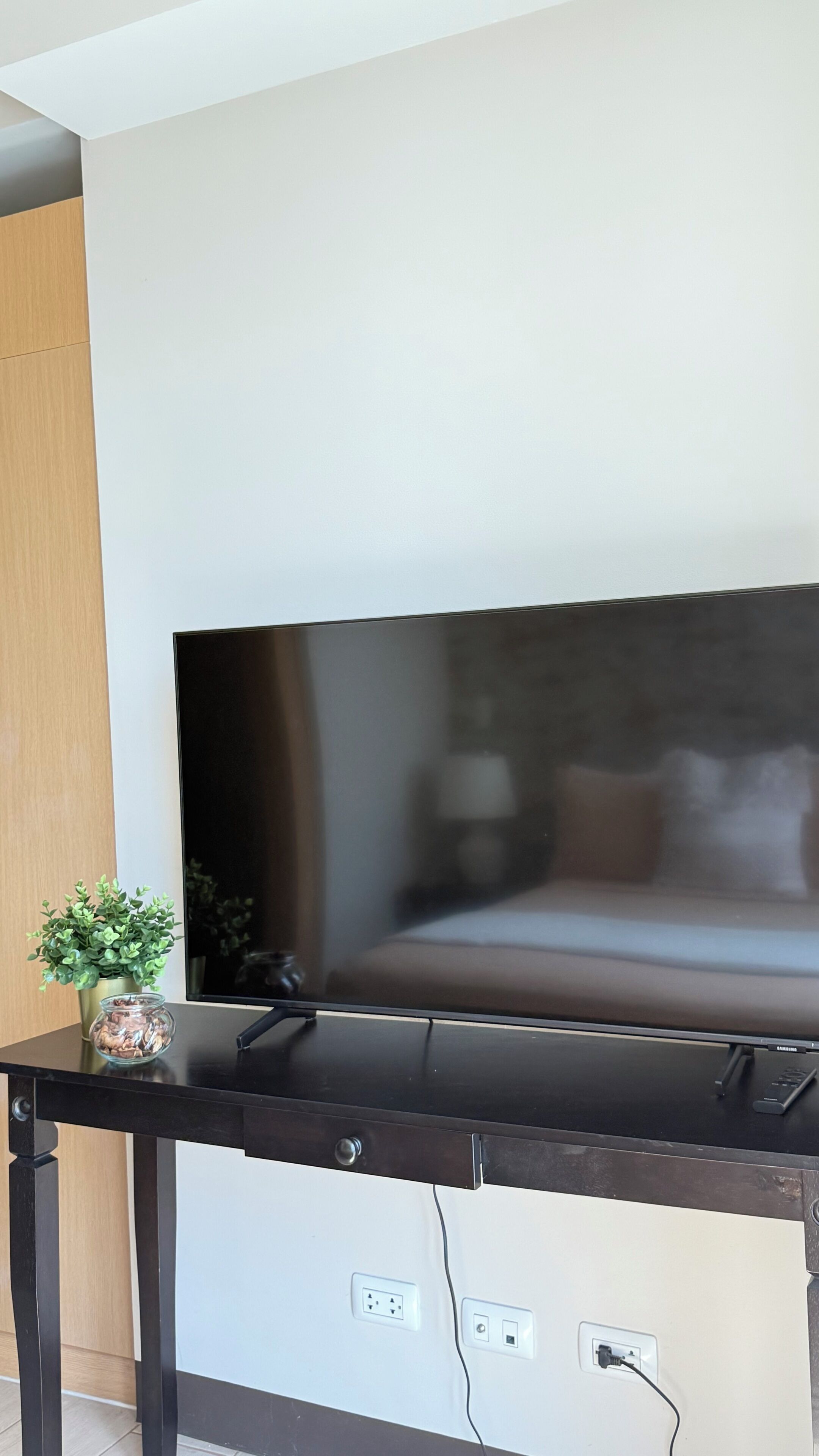 A flat-screen TV mounted on a wall, a small potted plant, and a power outlet on a dark-colored table.