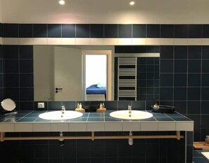 Shower, hair dryer, soap, toilet paper