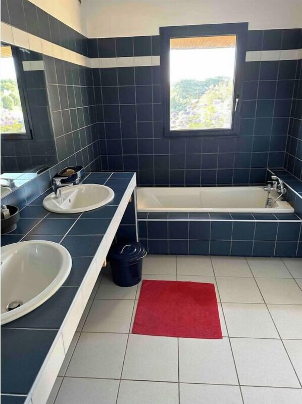 Shower, hair dryer, soap, toilet paper