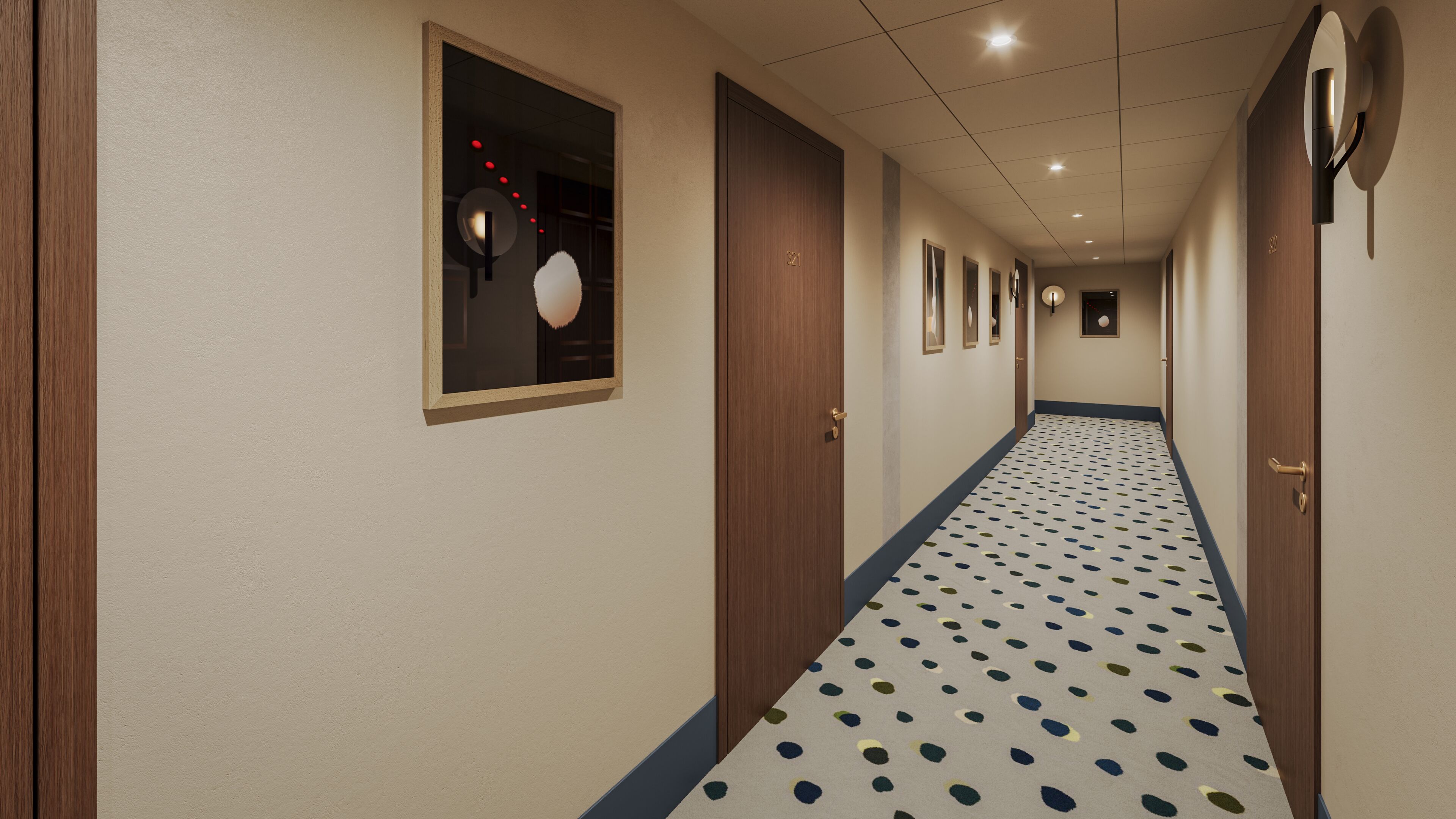 A hotel hallway with a patterned carpet, wooden doors, and a series of framed pictures on the walls.
