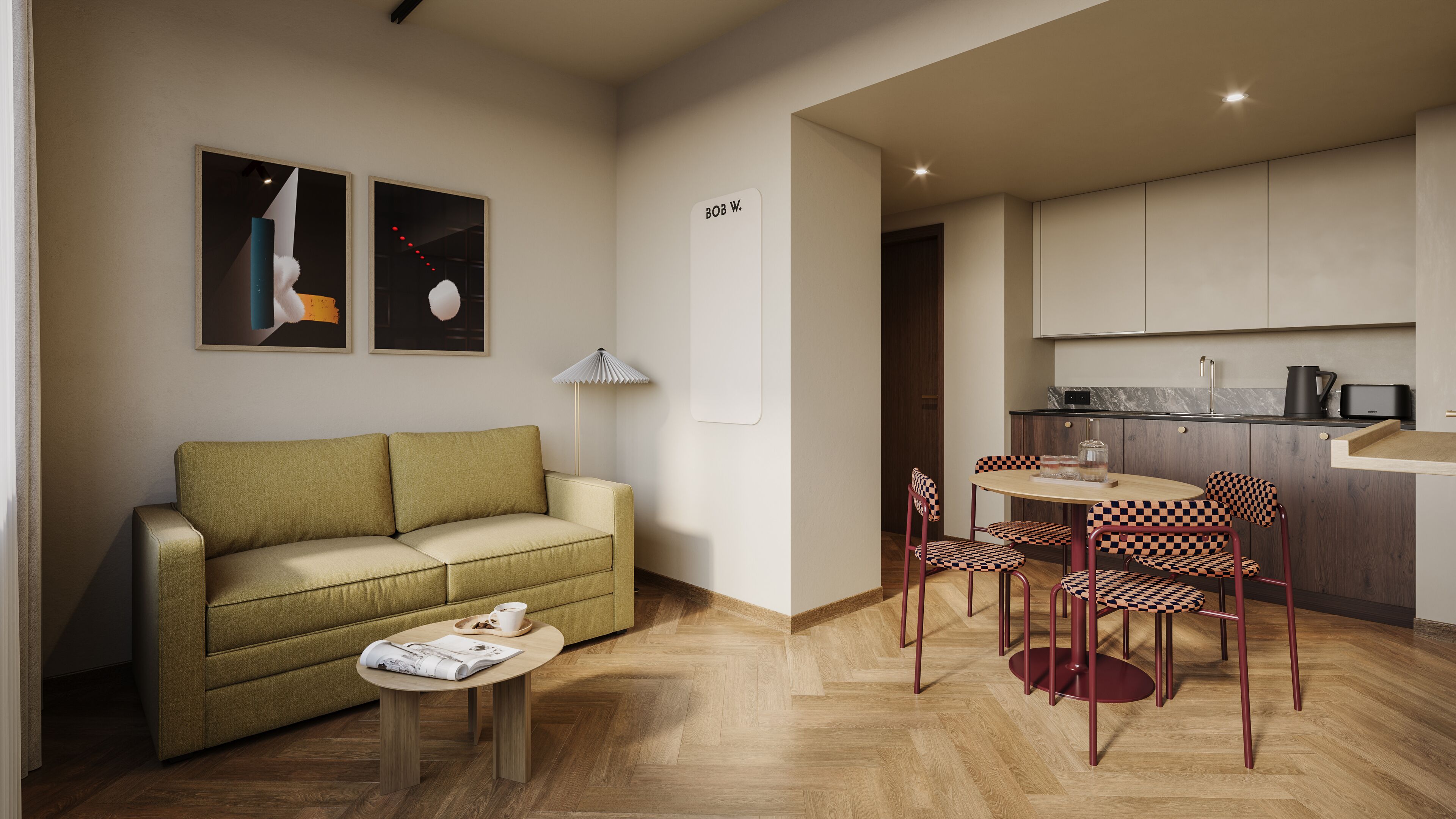 Un salon moderne avec un canapé, une table basse et un coin repas doté de chaises à carreaux.