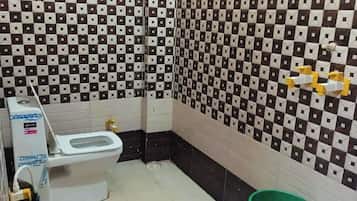 Shower, rainfall showerhead, designer toiletries, slippers