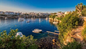 Un pueblo costero con un puerto deportivo, barcos y edificios a lo largo de la orilla.
