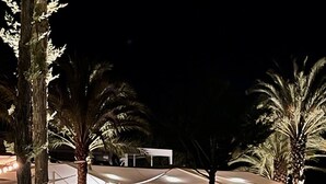 A nighttime view of a resort with a paved pathway, palm trees, and a building with multiple rooms.
