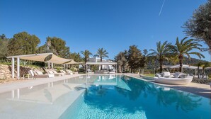 A clear blue pool with lounge chairs and umbrellas, surrounded by trees and a mountainous backdrop.