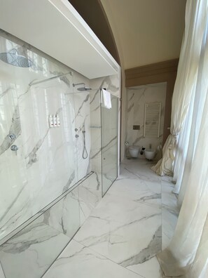 Shower, hair dryer, towels, soap