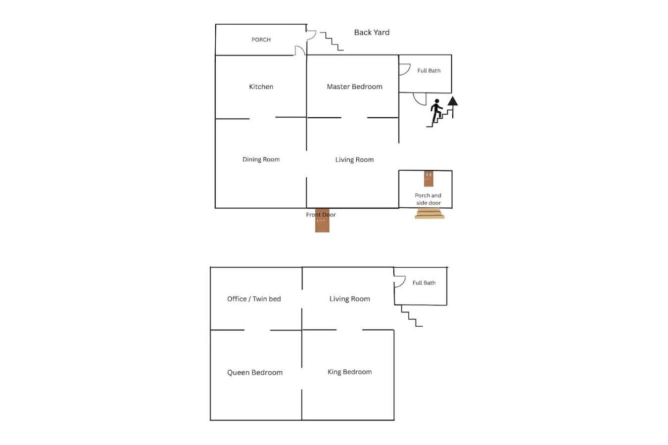 Planta baixa de uma casa com cozinha, sala de jantar, sala de estar, quarto principal e dois quartos.