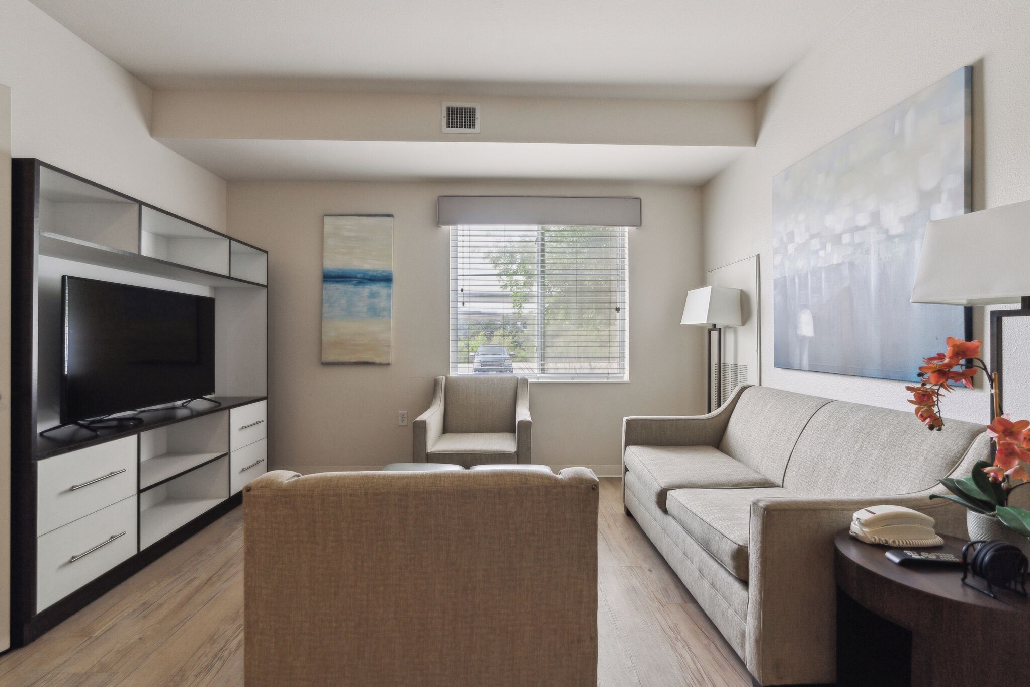 A modern living room with a flat-screen TV, two sofas, a coffee table, and a window with blinds.