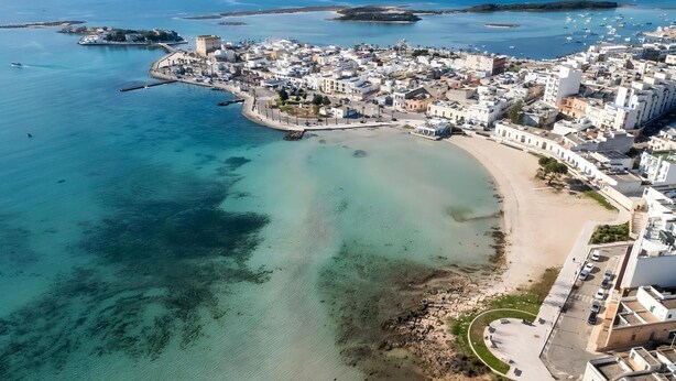 An aerial view of a coastal town with a beach, clear waters, and a mix of residential and commercial buildings. - Casa Sogno Salentino Garden Ac (Porto Cesareo)