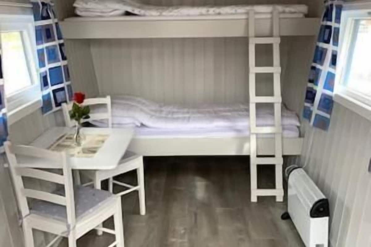 A compact room with a bunk bed, a desk with a chair, a radiator, and a window with curtains.