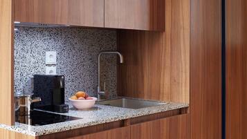 Fridge, microwave, stovetop, espresso maker