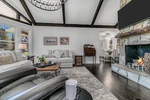 Smart TV, fireplace, books