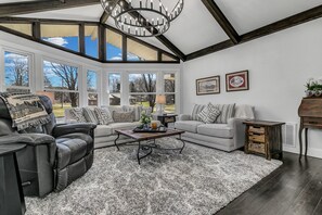 Smart TV, fireplace, books