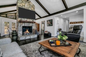 Smart TV, fireplace, books