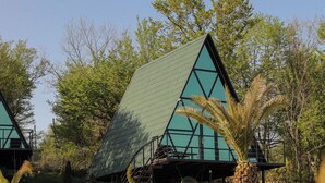 A modern building with a triangular roof and large windows, surrounded by greenery and palm trees. - Panorama Sormoni (Tsqaltubo)