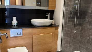 Shower, hair dryer, towels, toilet paper