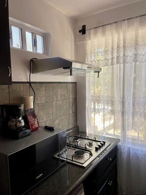 Deluxe-huoneisto, 1 makuuhuone, näköala puutarhaan | Yksityinen keittiö | Täysikokoinen jääkaappi, mikroaaltouuni, uuni, liesi
