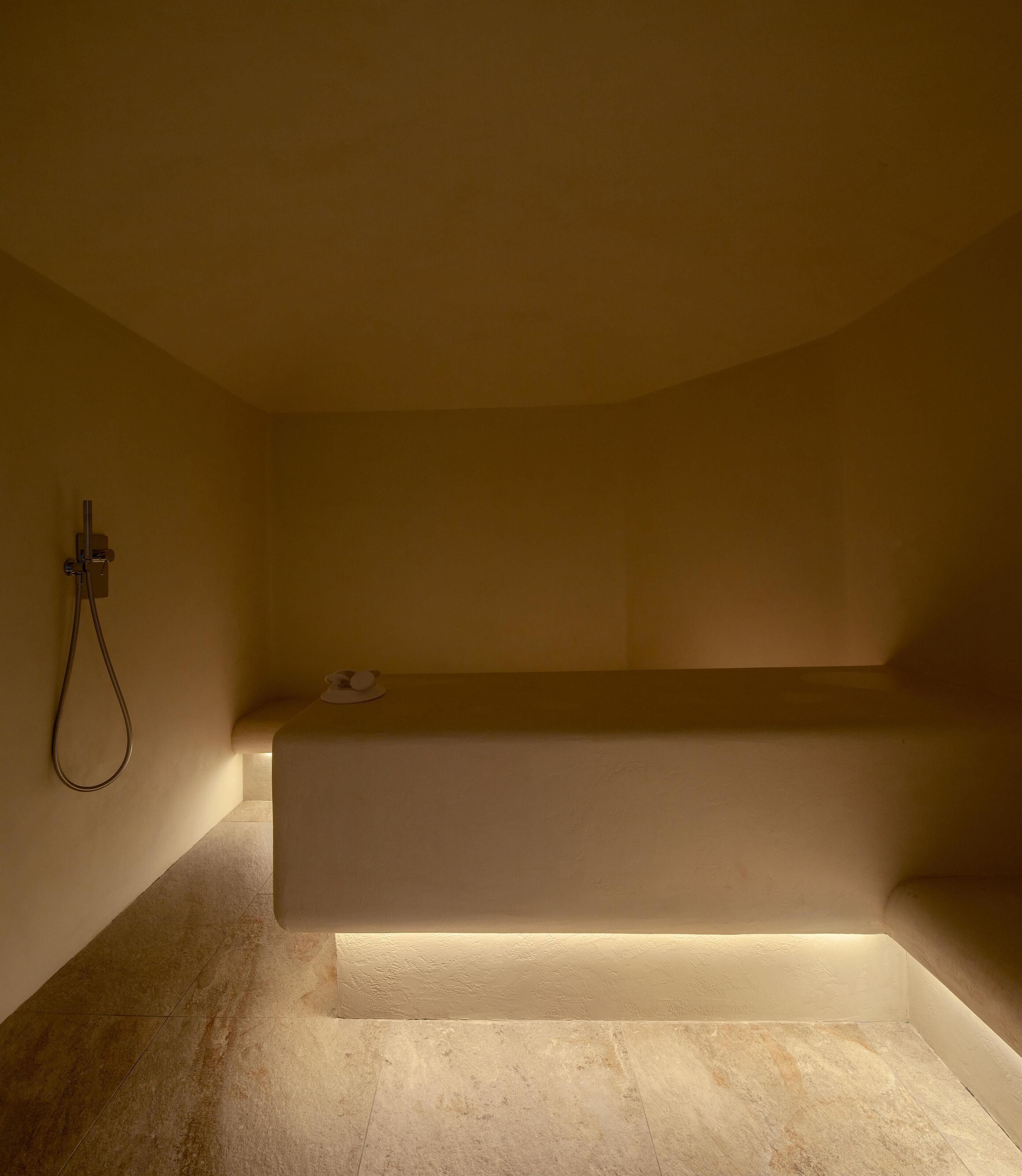 A minimalist bathroom with a built-in bathtub, a showerhead, and a light strip under the tub.