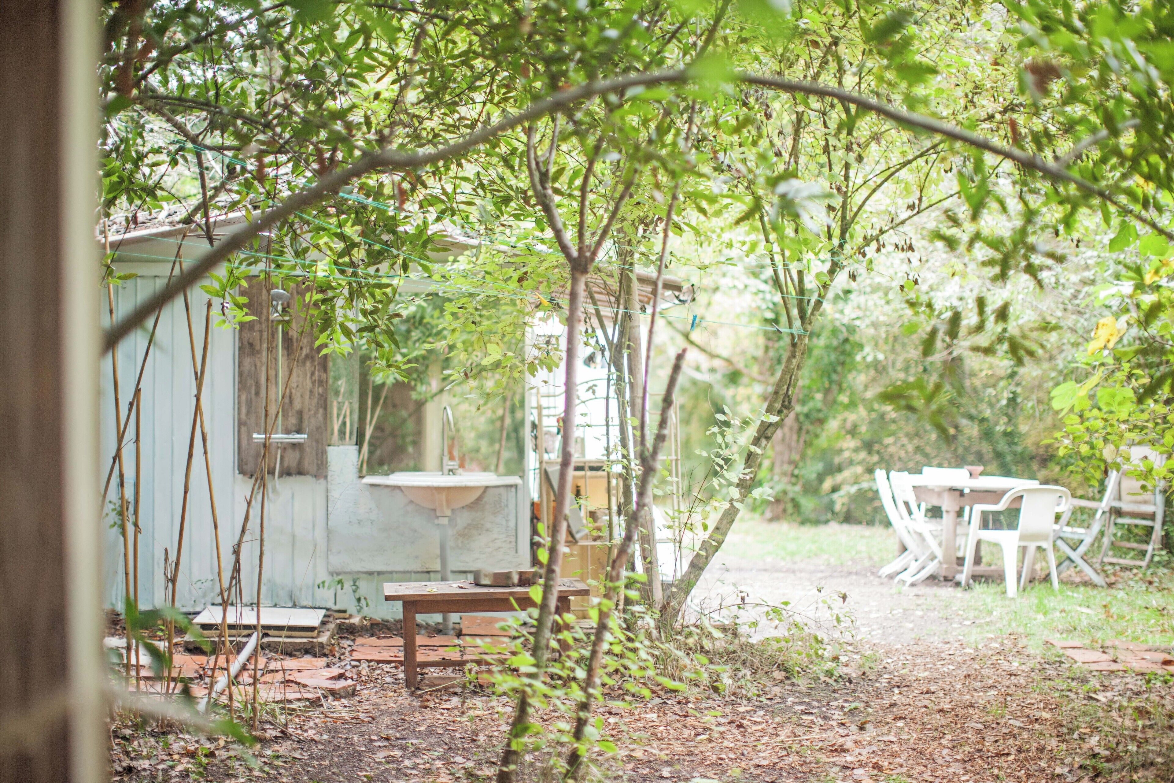 A rustic outdoor area with a wooden table and chairs, a small shed, and a garden path.