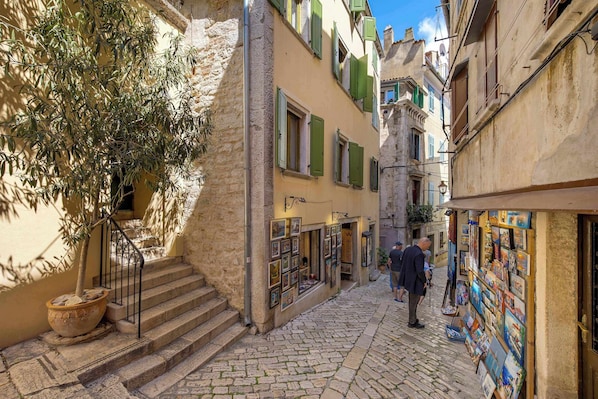A narrow cobblestone street with buildings featuring traditional architecture, a staircase, and a shop with artwork displayed outside.