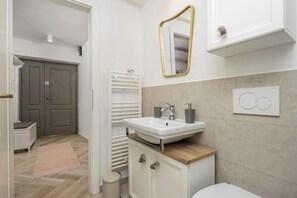 Dusche, Haartrockner, Handtücher, Toilettenpapier