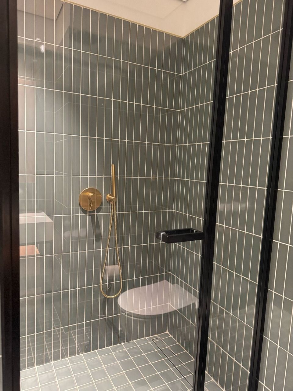 Une douche moderne avec une porte en verre, une pomme de douche dorée et un porte-serviettes noir.