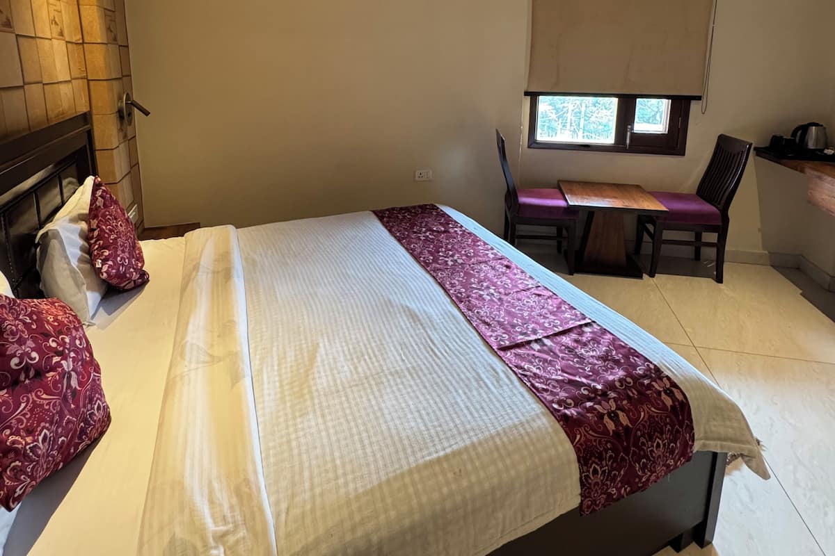A hotel room with a bed, a desk, a chair, a ceiling fan, and an air conditioning unit.