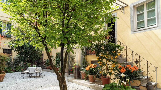 A courtyard with a dining table and chairs, surrounded by potted plants and a staircase. - Dimora Paolina charming villa with secret garden, in the historical center of Lucca (Lucca)