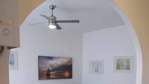 A living area with a gray sofa, white table, and chairs, a ceiling fan, and a painting of a sunset.