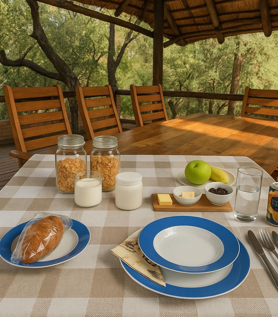 A dining table set outdoors with wooden chairs, a checkered tablecloth, and various breakfast items including bread, milk, cereal, fruits, and condiments.