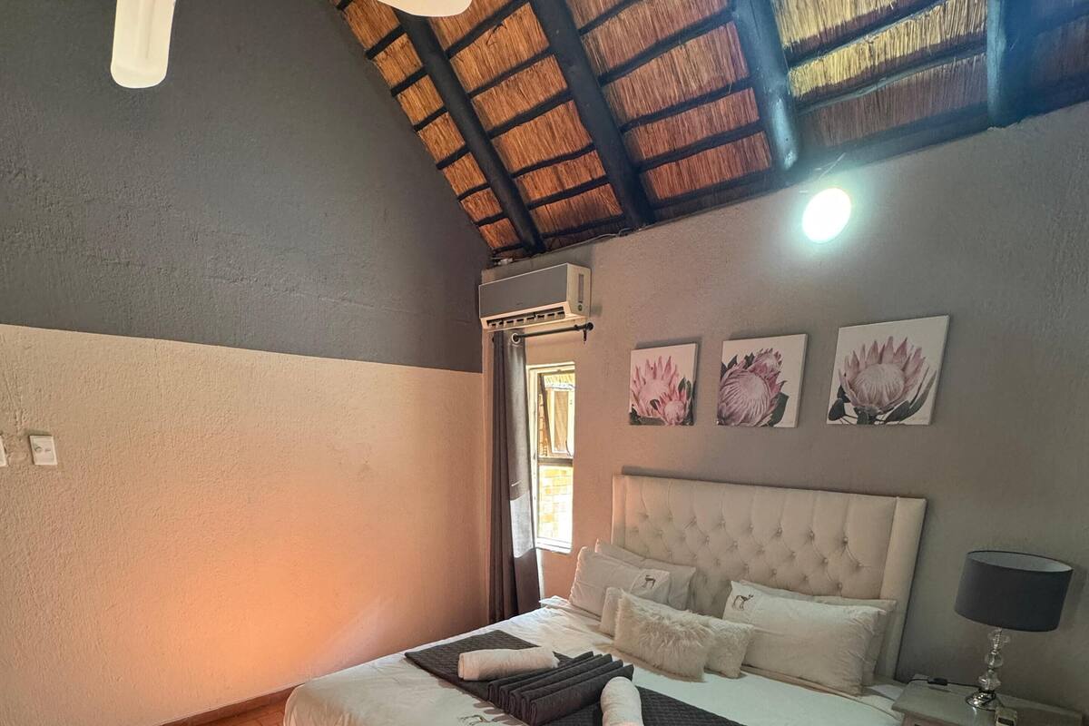 Un dormitorio con cama, mesita de noche, lámpara, ventilador de techo y ventana con cortinas.