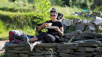A person sitting on a stone wall with a backpack and a plate.