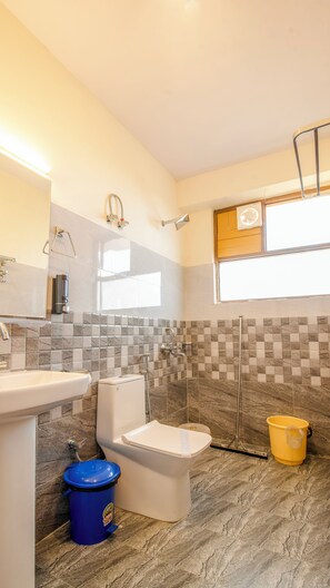 Habitación cuádruple Deluxe, vistas al jardín | Baño | Ducha, jabón, champú y papel higiénico