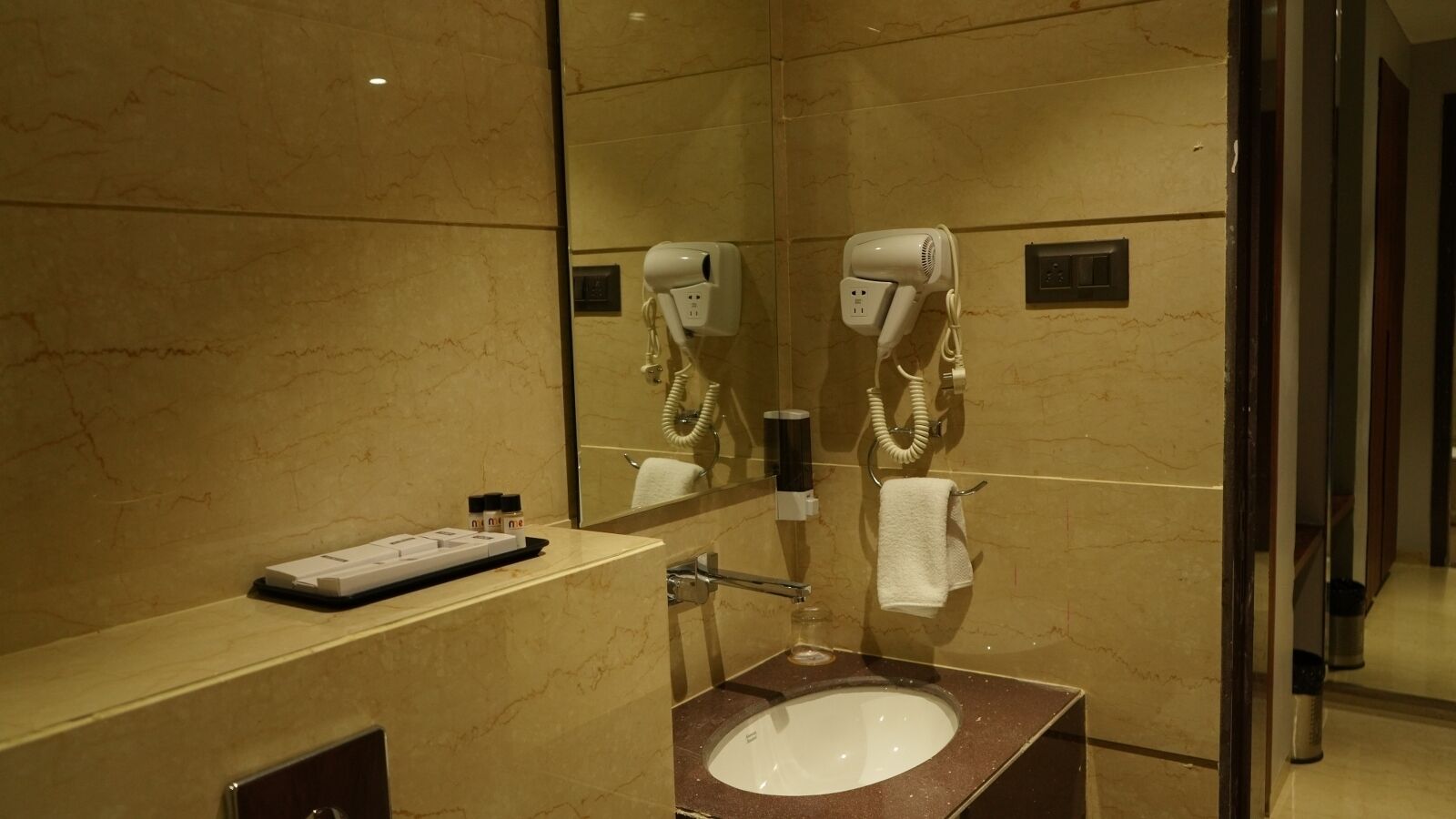 Hair dryer, slippers, towels, soap