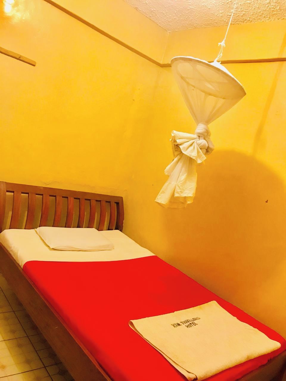 A single bed with a red bedspread and a white pillow, a wooden headboard, and a mosquito net hanging from the ceiling.